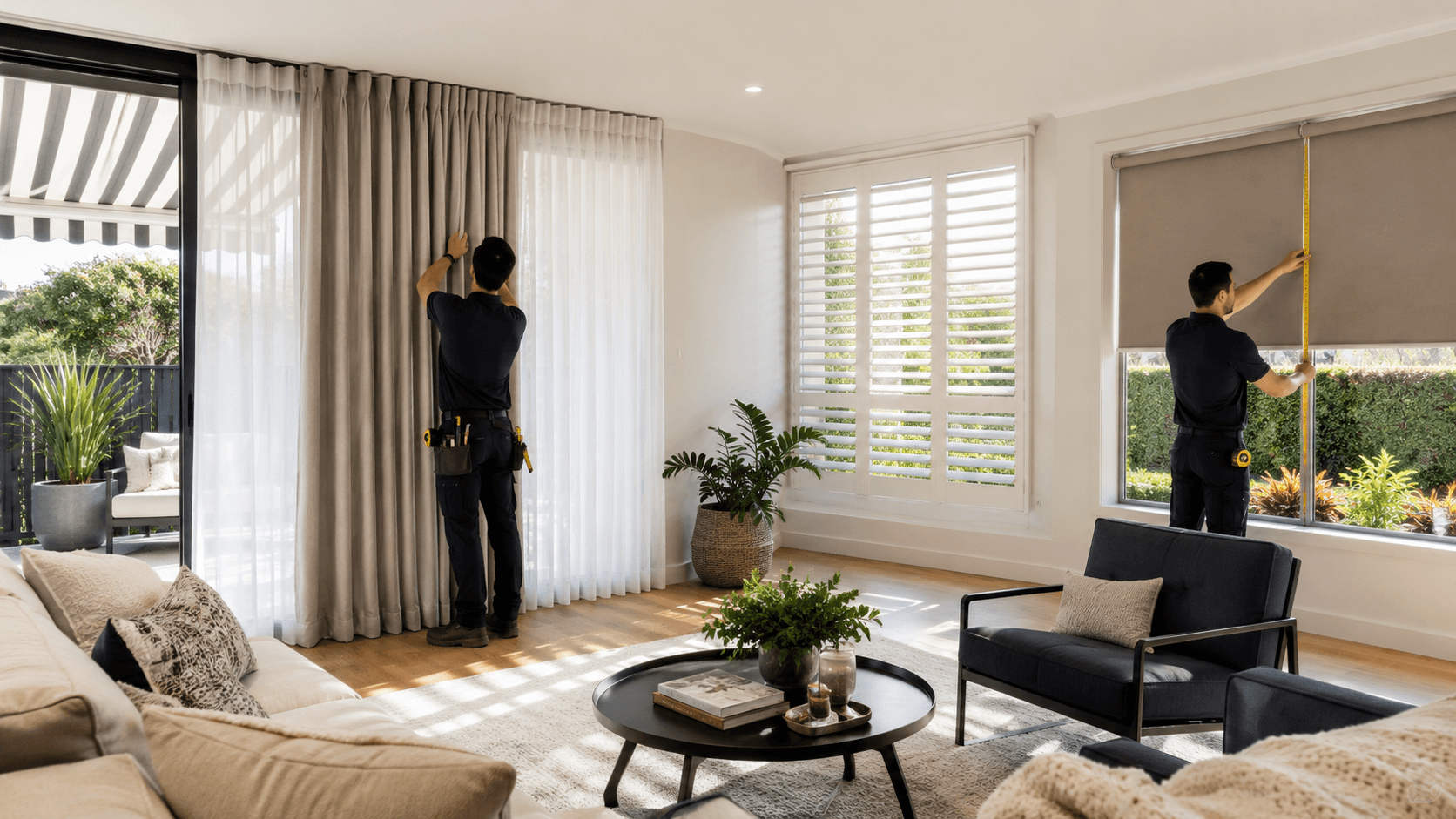 Sun & Shade team installing curtains, blinds and shutters in a Melbourne home