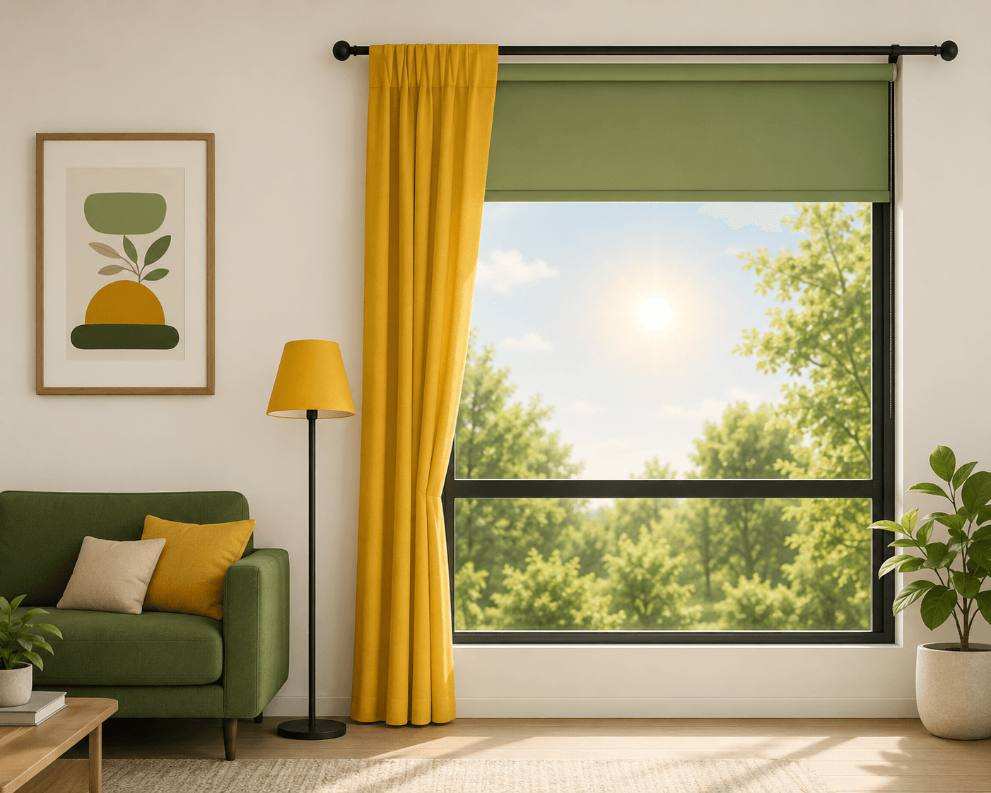 Cozy Melbourne living room with custom Sun and Shade curtains